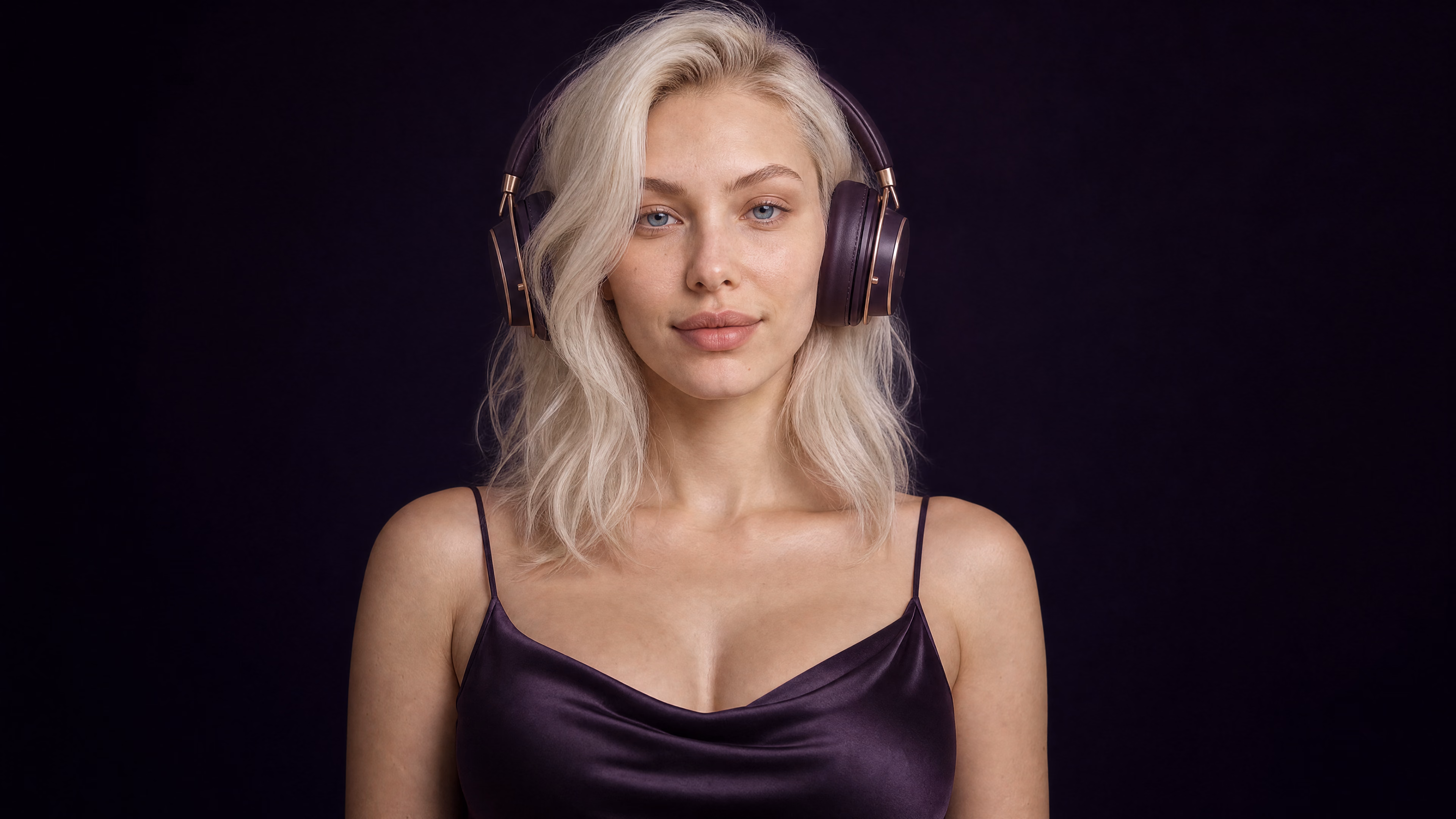 Aluna faces forward wearing dark-plum headphones against a dark aubergine background.