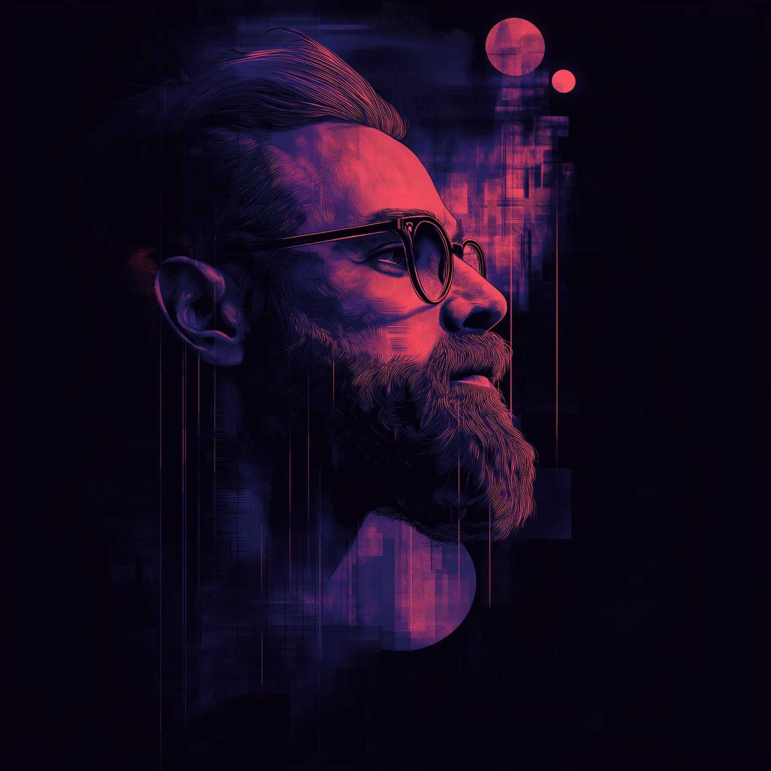 Profile portrait of Intuitist in rose and violet engraving.