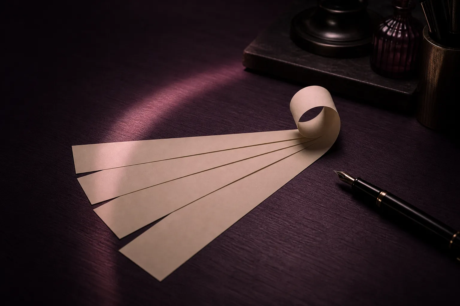 Narrow cream paper strips gathering into one inward curl beside a fountain pen on a dark plum desk.